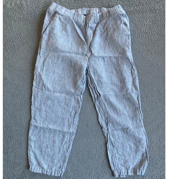 Quince Pants Large Linen Striped Cropped Pull On Stretch Straight Blue Beach - Picture 1 of 14